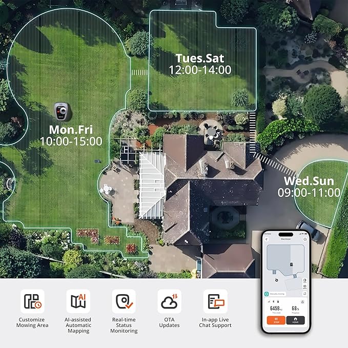 Segway Navimow i105N Robot Lawn Mower Perimeter Wire Free 1/8 Acre RTK+Vision Robotic Lawnmower, AI-Assisted Mapping, Virtual Boundary, APP Control, 58dB(A) Quiet, Multi-Zone Management
