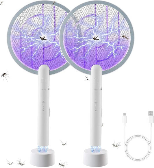 Electric Fly Swatter 3000V Bug Zapper Racket, 1200mAh Rechargeable Raqueta Electrica Mosquitos Hand Held Dual Modes Mosquito Killer with Purple Mosquito Light for Indoor Outdoor - 2Pack