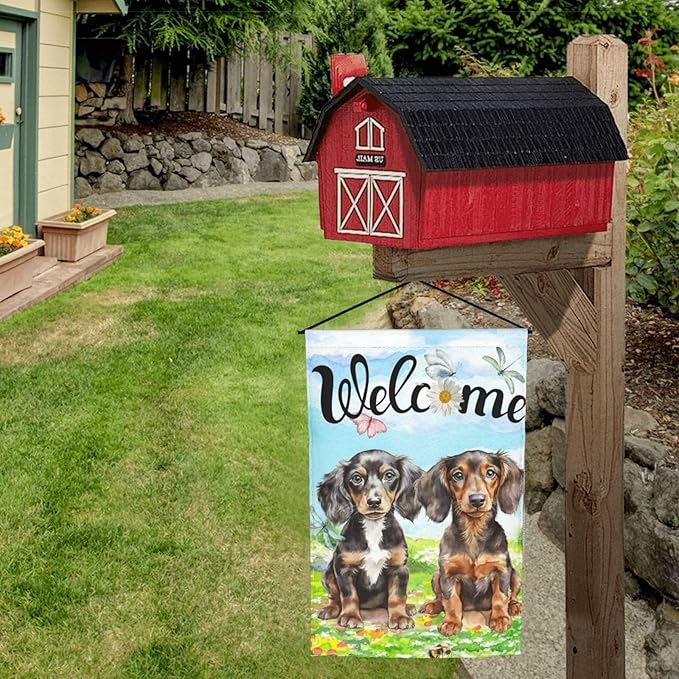 Cute Dachshund Dog Puppy Lovers Spring Flowers Florals Garden Flag Welcome Party Outdoor Outside Decorations Picks Home House Garden Yard Decor 12x18 Inch