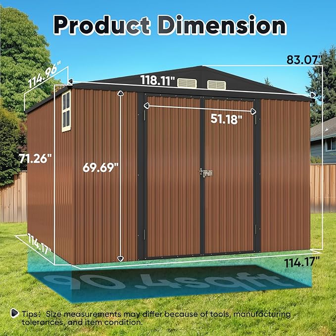 Quictent Heavy Duty 10X10 FT Metal Storage Shed, Lockable Steel Yard Waterproof Tool Shed for Garden, Backyard, Patio, Outside use with Combination Lock(9.5X9.5 FT Base,No Floor)