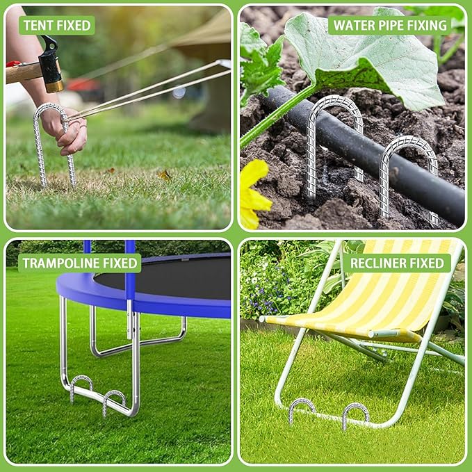 Rebar-Stakes-12-Inch-U-Shaped, Trampoline Stakes High Wind Ground Stakes Heavy Duty Galvanized Anti-Rust Metal Stakes Ground Anchors for Garden Dog Fence Chicken Coop Water Pipe 6pcs