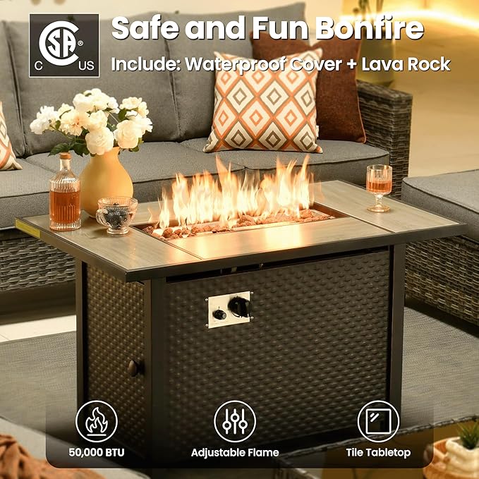 ovios Patio Furniture Set, 6 Pieces Outdoor Wicker Sofa Couch with Fire Pit Table, Ottomans and Comfy Cushions, All Weather High Back Rattan Conversation Set, Dark Grey