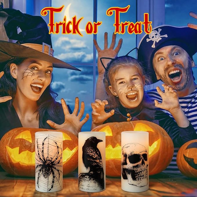 Eldnacele Halloween Flameless Candles with Skull,Spider Web, Crow Raven Decal, Rechargeable Battery Operated Cycle Timer Halloween Themed LED Real Wax Ivory Candles Spooky Decor(3pcs,D3×H6)