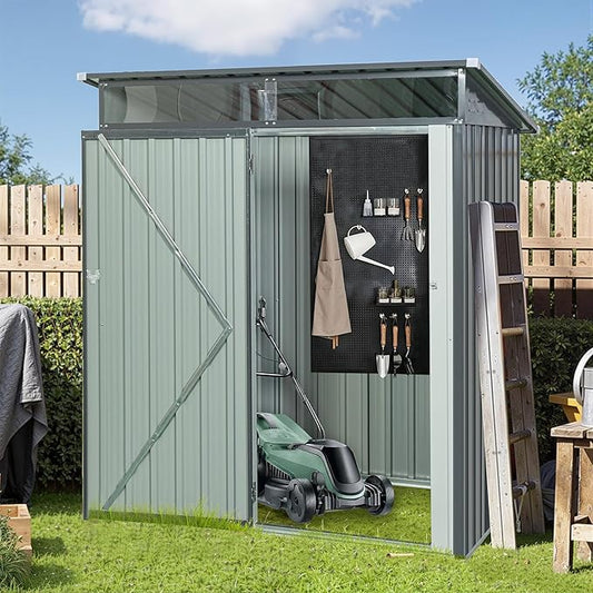 Sheds & Outdoor Storage 5ft x 3ft Metal Storage Shed with Transparent Plate, Hinged Door Design Small Garden Tool Storage Cabinet for Backyard, Patio, Poolside, Gray