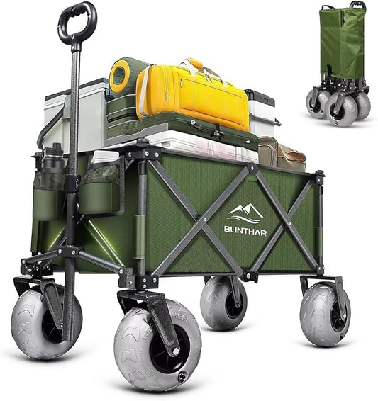 Beach Wagon with Big Wheels for Sand, Heavy Duty Collapsible Folding Wagon with All-Terrain 9" Pneumatic Tires & Drink Holders, Utility Wagon for Garden Sports Camping Outdoor Activities