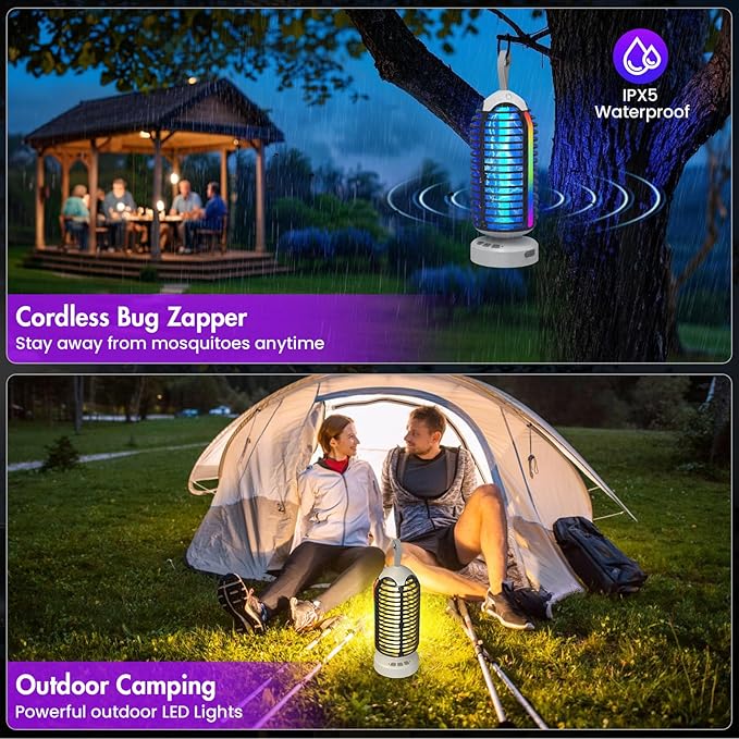 Bug Zapper Outdoor with Colorful Lighting and Auto-Sensing, 3 in 1 Cordless 4000mAh Battery Electric Fly Trap, Rechargeable Mosquito Zapper for Camping, Patios, Garden, Kitchen (1Pack-Black)