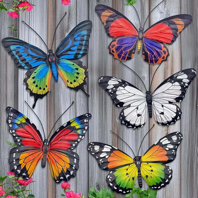 EOORAU Metal Butterfly Wall Art Outdoor Decor - 5 Pack Metal Butterflies Wall Sculpture Hanging Decor for Home Yard Patio Garden Decoration, Gifts for Mom Friends