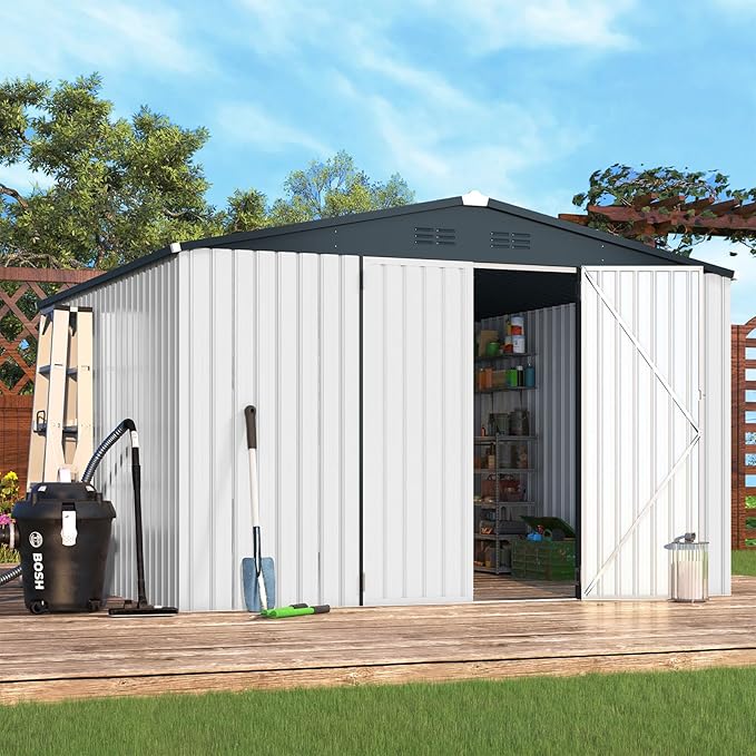 ACOJOY 10'x10' Shed, Large Metal Storage Sheds & Outdoor Clearance, Steel Backyard Shed with Lockable Doors, Utility and Tool Storage for Garden, Patio, Outside Use in White