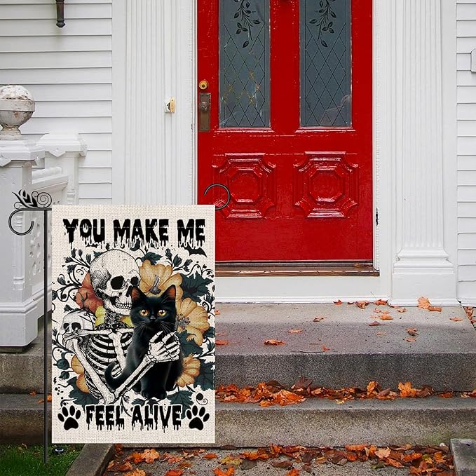 Halloween Garden Flag Skeleton and His Black Cat Vertical Double Sided Flags for Holiday Farmhouse Patio Yard Outdoor Party Decor Decorations Gifts - 12.5 x 18 Inch
