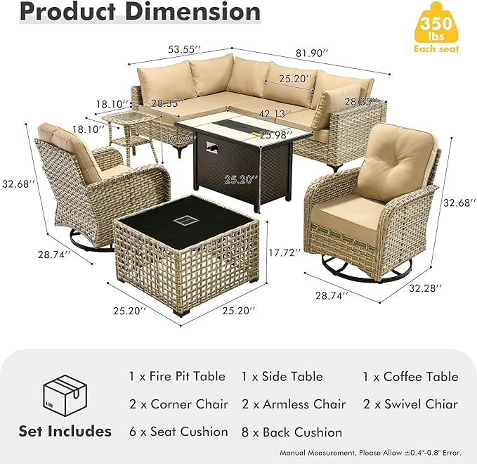 HOOOWOOO Outdoor Patio Furniture Set with Fire Pit Table,9 Pieces Wicker Out Door Sectional Furniture L Shaped Couch,Outside Patio Conversation Sets Swivel Chair,Beige