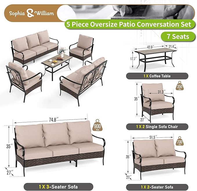 Sophia & William Patio Furniture Set, Outdoor Metal Conversation Set 7 Seats with 3-Seater Sofa, 2 Sofa Chairs, 1 Loveseat, 1 Coffee Table for Seating, Lawn Porch Backyard,Beige