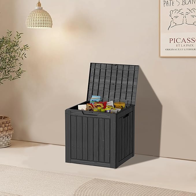 35 Gallon Resin Deck Box, Waterproof Outdoor Storage Bin for Patio, Poolside, and Garden, Lockable & UV-Resistant, Ideal for Small Spaces, Black