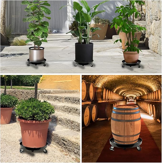 3 Pack Metal Plant Caddy with Wheels 16 Inch Black, Round Rolling Heavy Duty Plant Dolly, Heavy Plant Pot Mover Outdoors or Indoors, The Metal Wheel Can Rotate 360 Degrees or Lockable.