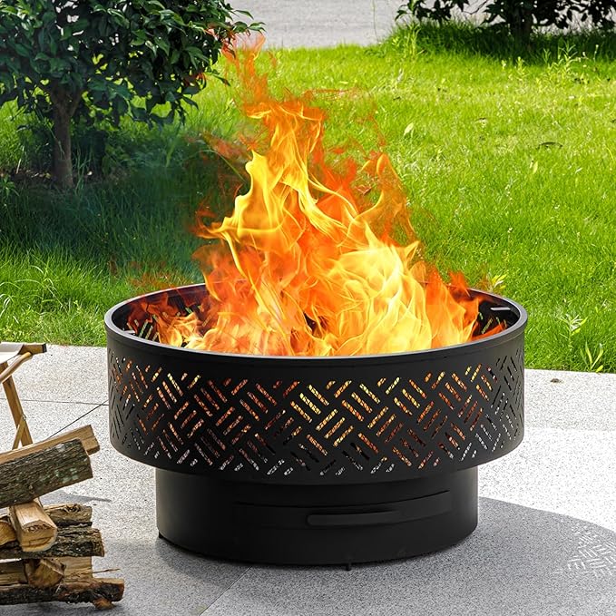 32" Wood Burning Fire Pits with Grill & Lid, Fire Pit Table for Outside with Waterproof Cover & Fire Poker, Outdoor Firepit with Functions for BBQ,Table and Bonfire