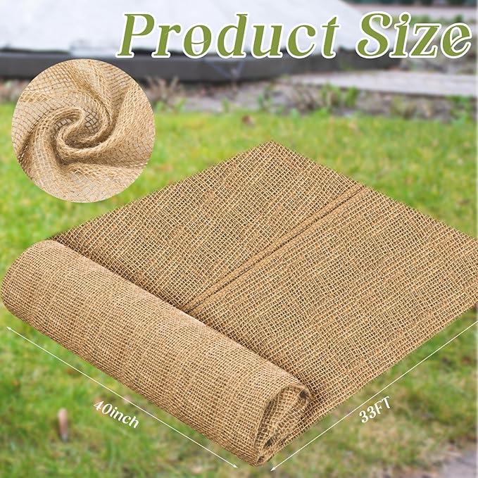 Buryeah 40 Inch x 33 ft Burlap Fabrics Roll Natural Jute Burlap Garden Tree Wrap Outdoor Weed Barrier DIY Fall Halloween Craft Winter Frost Plant Landscape Blankets Cloth for Plant Gardening Shrubs
