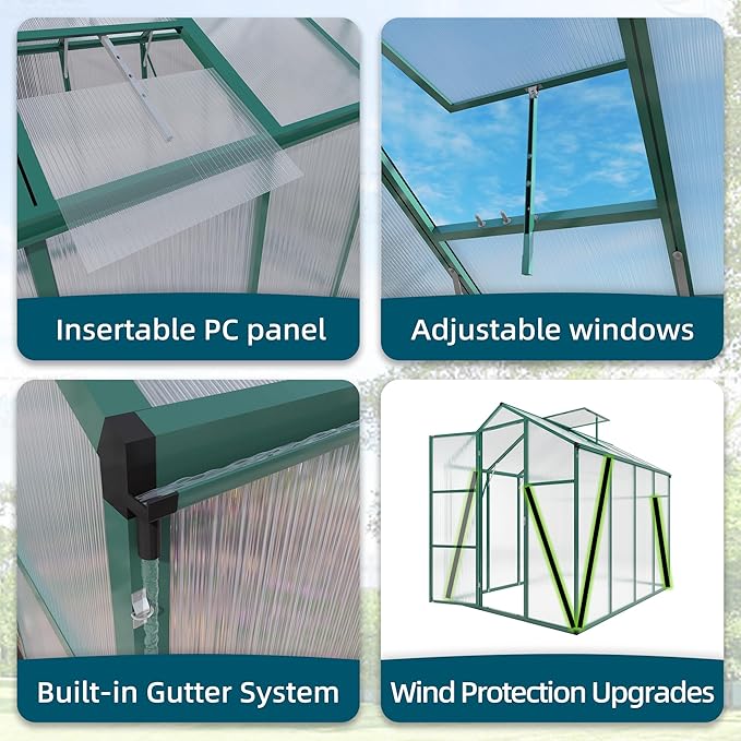 6*4.2*7.2FT Greenhouse for Outdoors, Polycarbonate Greenhouse with Stronger Wind Protection and Roof Vent, Walk-in Large Aluminum Sunroom Winter Proof, Green