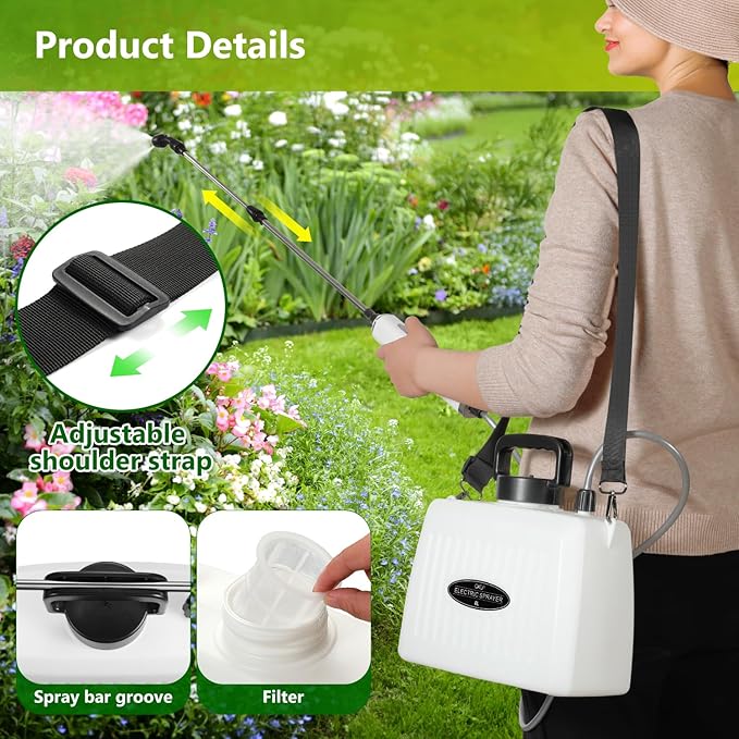 Electric Sprayer, Battery Powered Sprayer 6L/1.6 Gallon, with 3-Adjustable Nozzles, Retractable Wand, Rechargeable Handle & Adjustable Shoulder Strap, Suitable for Garden, Lawn & Cleaning.