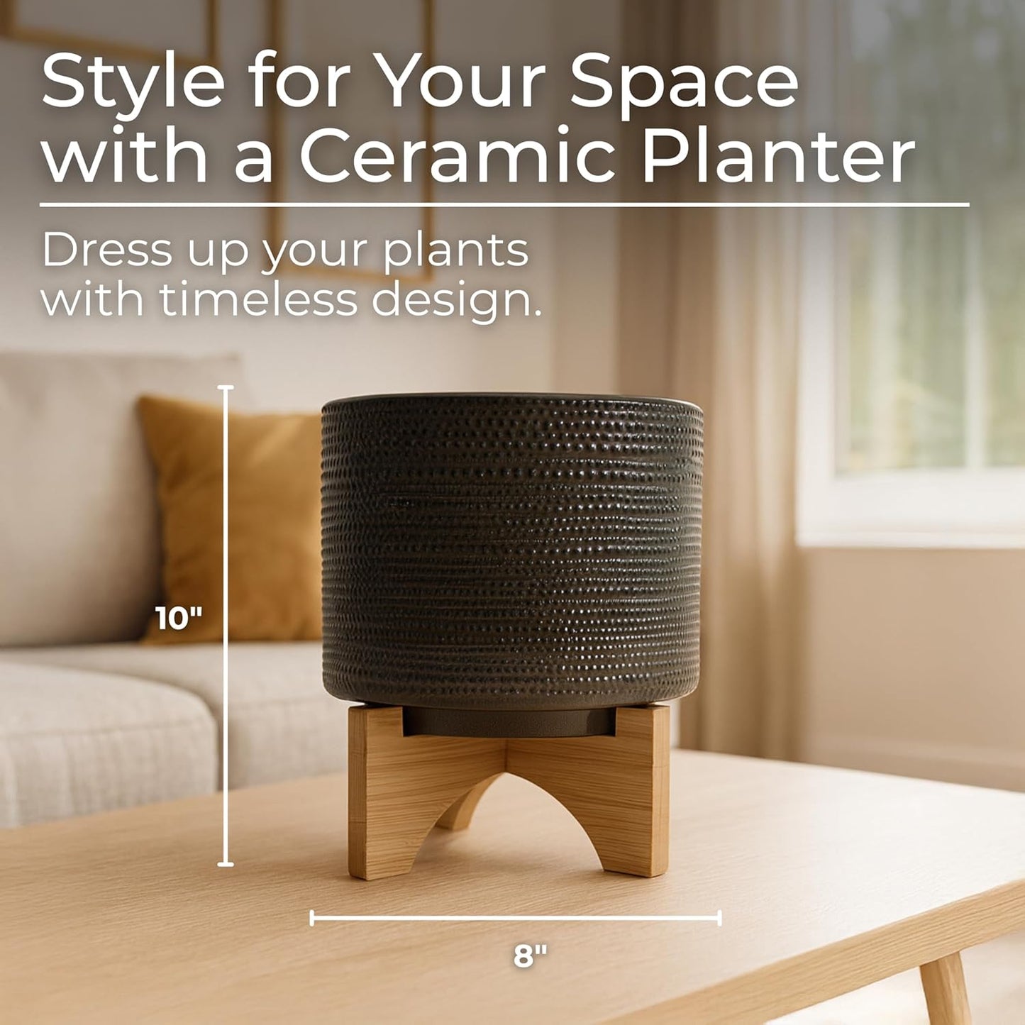 Sagebrook Home Ceramic Planter with Bamboo Stand - Textured Mid-Century Modern Plant Pot for Indoor & Outdoor Home Garden Decor - 10" Green