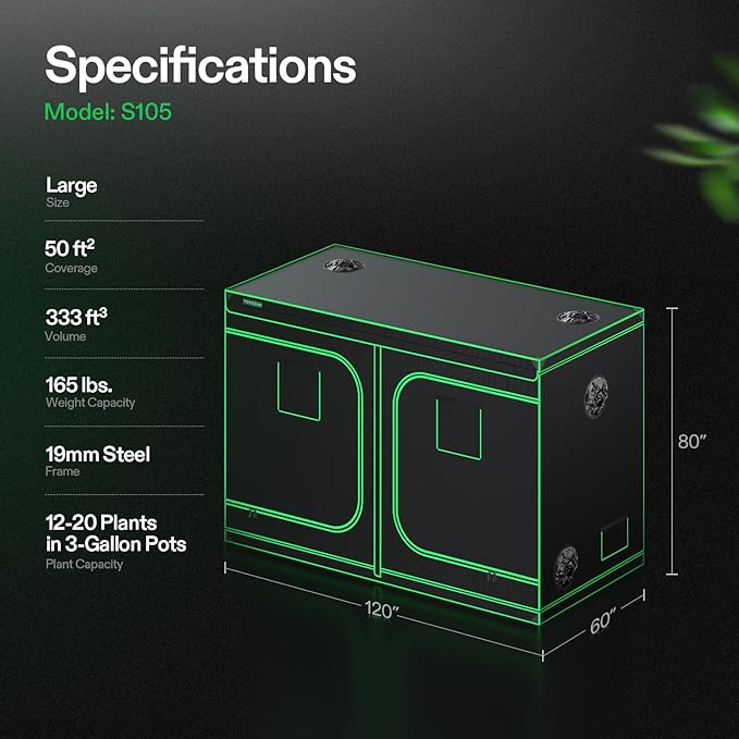 VIVOSUN S105 10x5 Grow Tent, 120"x60"x80" High Reflective Mylar with Observation Window and Floor Tray for Hydroponics Indoor Plant for VSF6450