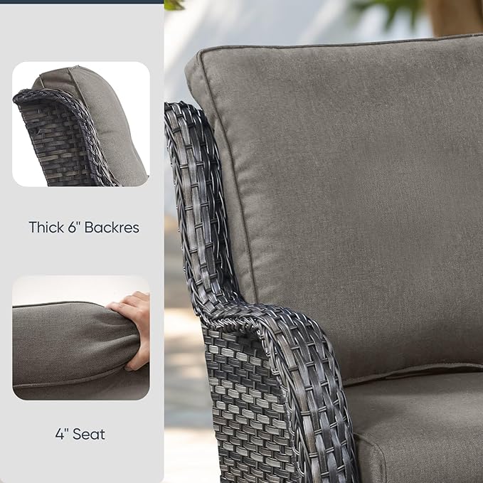 7-Piece Outdoor Patio Cushion Set - Fade & Water Resistant with Removable Olefin Cover, 22x24x4 Inch Memory Foam Cushions for Wicker Sectional Sof - Grey/Regular