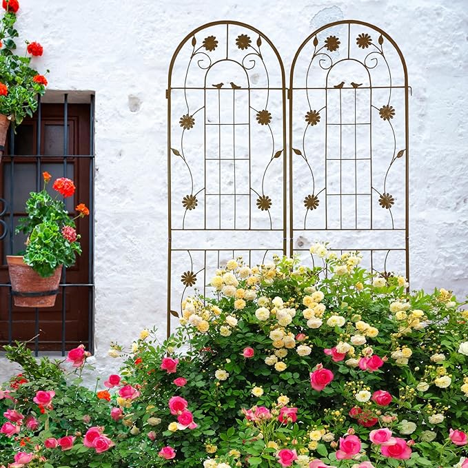 2 Pack Metal Garden Trellis for Climbing Plant Rose Stand, Brown Outdoor 71'' Tall Flower Support Iron Garden Fence (Brown 71''H