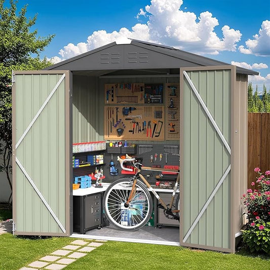 Greesum 6×4FT Outdoor Storage Shed, Metal Patio Storaged Sheds with Lockable Doors, Sheds & Outdoor Storage for Bike, Backyard, Pool and Garden, Brown