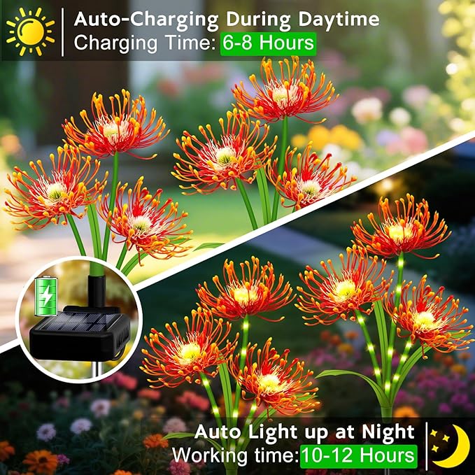 Solar Outdoor Lights Orange Spider Lily – 6 Pack 18-Head Waterproof Garden Flower Lights with Glowing Stems,Decorative Solar Powered Yard,Patio &Lawn Decor,Christmas &Gardening Gifts for Women Grandma