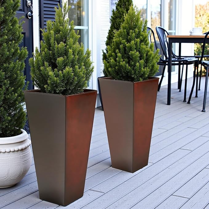 Worth Garden Large Metal Glazed Planter Set of 2 (25" + 28"), Luxurious Glossy Finish Red Tall Square Tapered Steel Plant Pot, Decor Flower Pot Indoor & Outdoor, Drainage Hole & Dual-Purpose Saucer