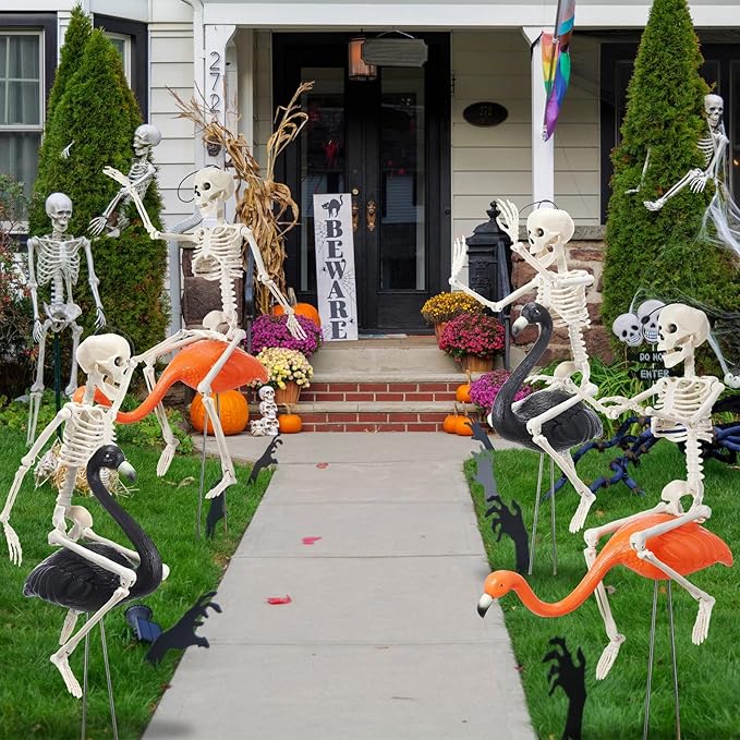 Geelin 12 Pcs Halloween Skeletons Flamingo Yard Decorations Skeleton Black Orange Flamingo Stakes for Halloween Lawn Garden Outdoor Party Decorations