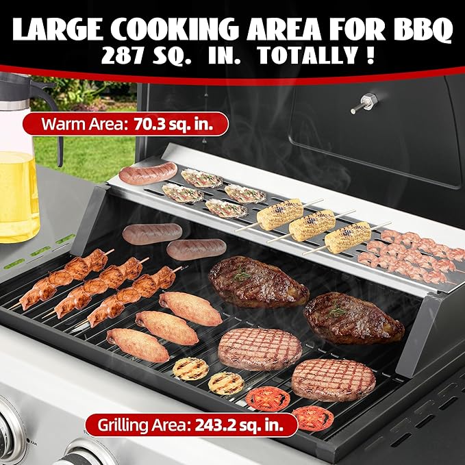 3-Burner Propane Gas Grill with 2 Foldable Side Tables, 25,650 BTU Outdoor BBQ Grill with Porcelain-Enameled Flame Tamers, Built-in Thermometer, Easy Assembly for Patio, Backyard BBQ