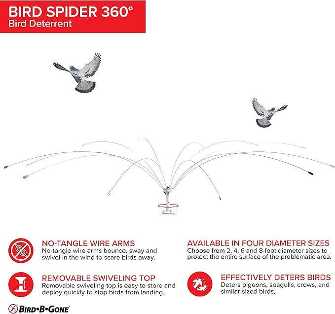 Bird B Gone - Bird Spider 360 Repellent - Deters Seagulls and Other Birds from Landing - Durable Weatherproof Design - for Boats, Docks, Roofs, Etc - Easy Installation - with PVC Base - 8ft