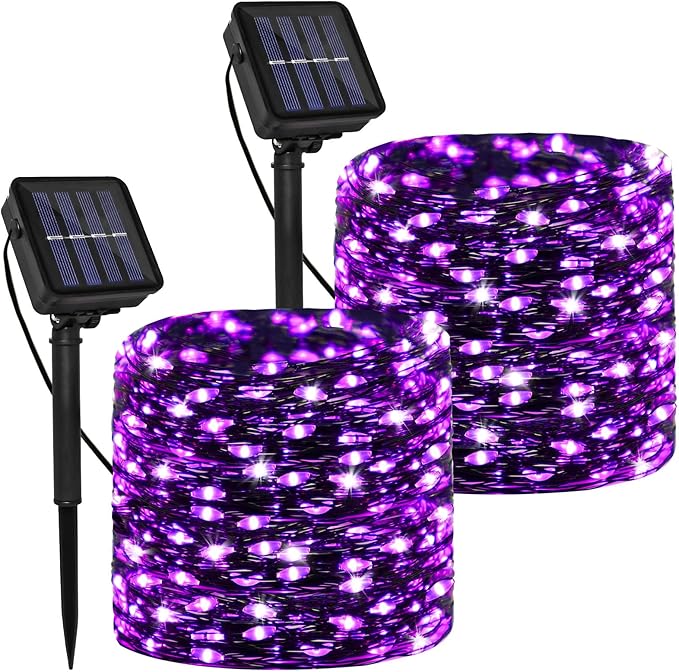 Solar Powered String Lights Outdoor, 2 Pack Total 200 LED 66FT Solar Powered Halloween Decorative Fairy Lights 8 Modes Black Wire for Halloween, Garden, Patio, Party, Yard, Christmas(Purple)