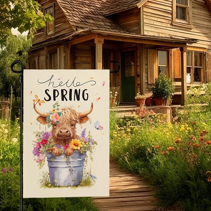 Hello Spring Garden Flag Highland Cow Polyester Yard Flag Double Sided Vertical 12x18 Inch Farmhouse Butterfly Floral Garden Flags Rustic Daisy House Banner for Seasonal Outdoor Decoration
