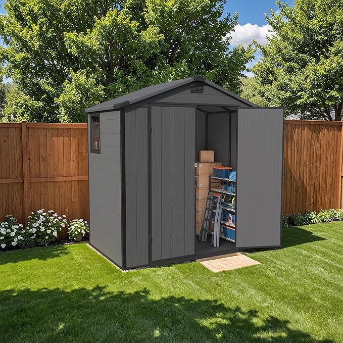 Patiowell 6 x 4 FT Plastic Outdoor Storage Shed with Floor, Resin Outside Tool Shed with Window and Lockable Door for Backyard, Garden, Tool Storage Use, Easy to Install, Dark Grey
