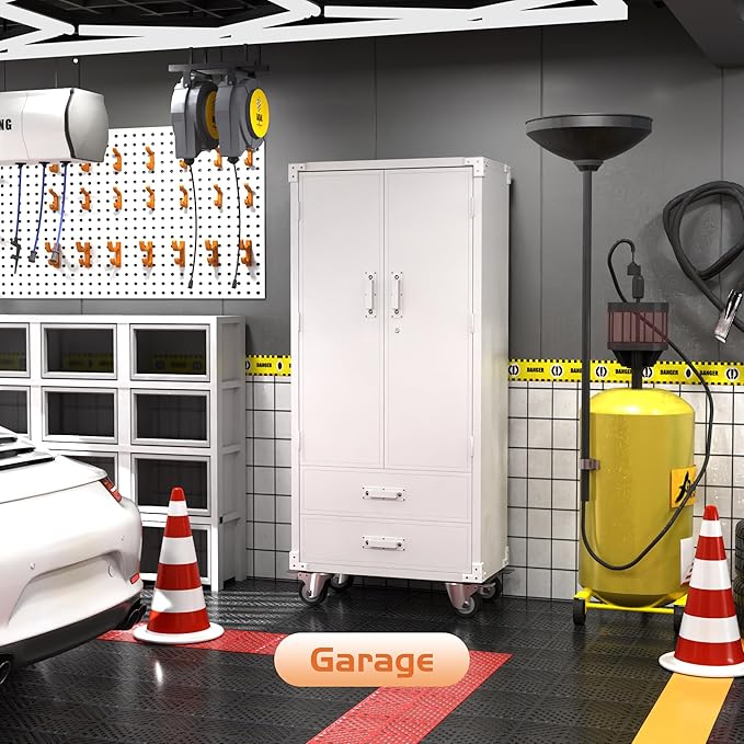 Metal Garage Storage Cabinet with 2 Drawers, Rolling Storage Cabinet with 2 Lockable Doors for Garage Home Office,Required Assembly,White