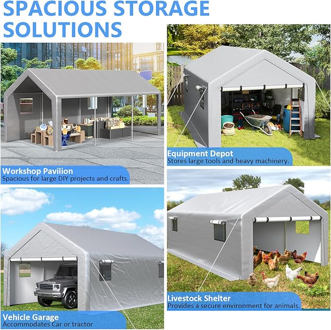 Carport 13x21ft Heavy Duty Large Outdoor Storage Shed with Roll-up Windows, Portable Garage w/Removable Sidewalls & Doors, Car Canopy Tent w/Sandbags & Tarp for Car Boat Truck