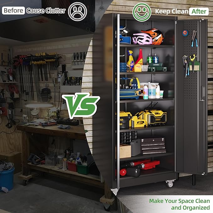 Garage Storage Cabinet with 5 Adjustable Shelves and Door Pegboard,Metal Storage Cabinet with Wheels for Garage Home,Required Assembly,Black, 71" H×32" W×16" D