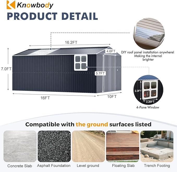 Large Metal Shed 10x16 FT with Floor Fame Kit, with Customizable Skylight and Reinforced Steel Frame, Heavy-Duty Galvanized Steel Big Garden Sheds with Base, Lockable Doors,4 Pane Windows,