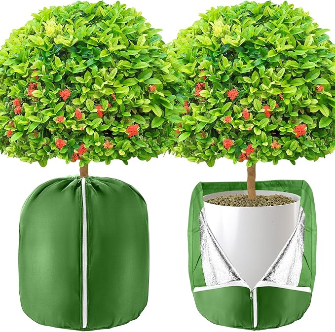 2 Pcs Plant Pot Covers Freeze Protection for Winter - Potted Plant Winter Protection Frost Jacket with Zipper Drawstring to Keep Outdoor Plants Flowers Shrubs Trees Warm (25.6"D x 19.7"H - Green)