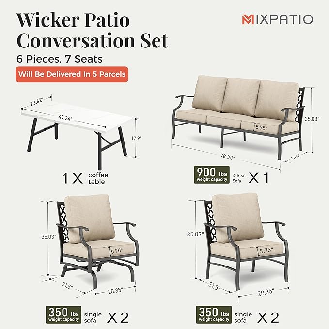Patio Furniture Set 6 pcs, Outdoor Patio Furniture, 1 X 3-Seat Sofa, 2 X Single Chairs, 2 X Rocker Chairs, 1 X Coffee Table and 5.75" Extra Thick Cushion, Patio Conversation Set,Beige