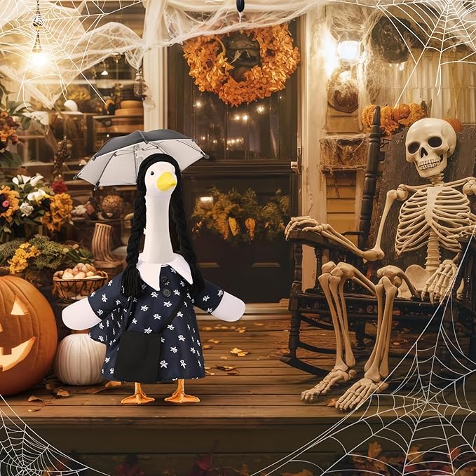 Halloween Porch Goose Outfits, Halloween Addams Black Dress Goose Outfits for 23” Porch Goose Statue, Outdoor Decoration for Porch Yard and Patio