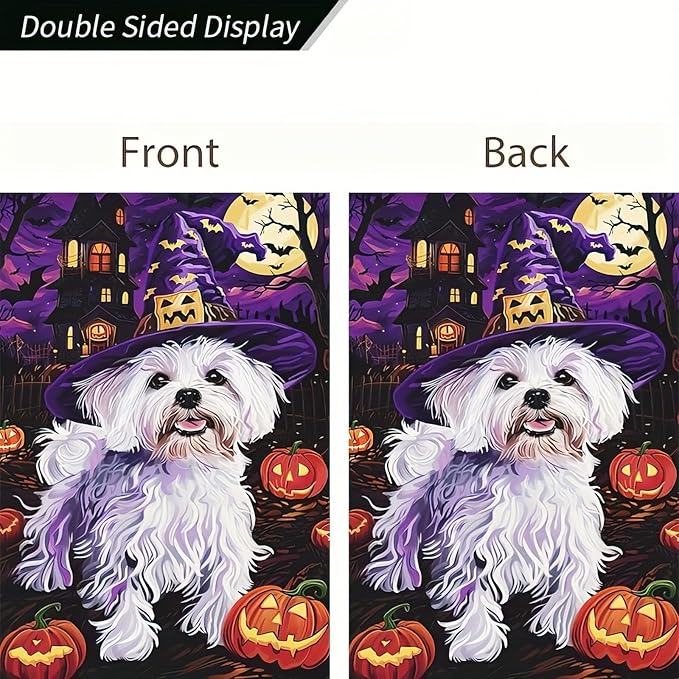 Halloween Decorations Outdoor Garden Flag 12x18 Inch Double Sided Maltese Dog Witch Hat Pumpkin Fall Decor Yard Lawn Porch Patio Halloween Garden Flags