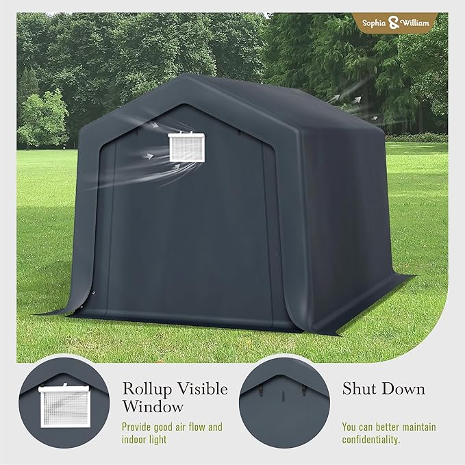 Sophia & William Outdoor Storage Shed Carport 8x12 ft Heavy Duty, Portable Garden Yard Car Port Shelter Storage Tent Garage with Roll Up Doors and Ventilation, Grey