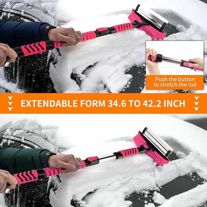 METOWARE 44'' Snow Brush and Ice Scrapers for Car Windshield, Extendable Snow Brush for Car with Ergonomic Foam Grip and 360° Pivoting Brush Head for Car SUV Truck Pink