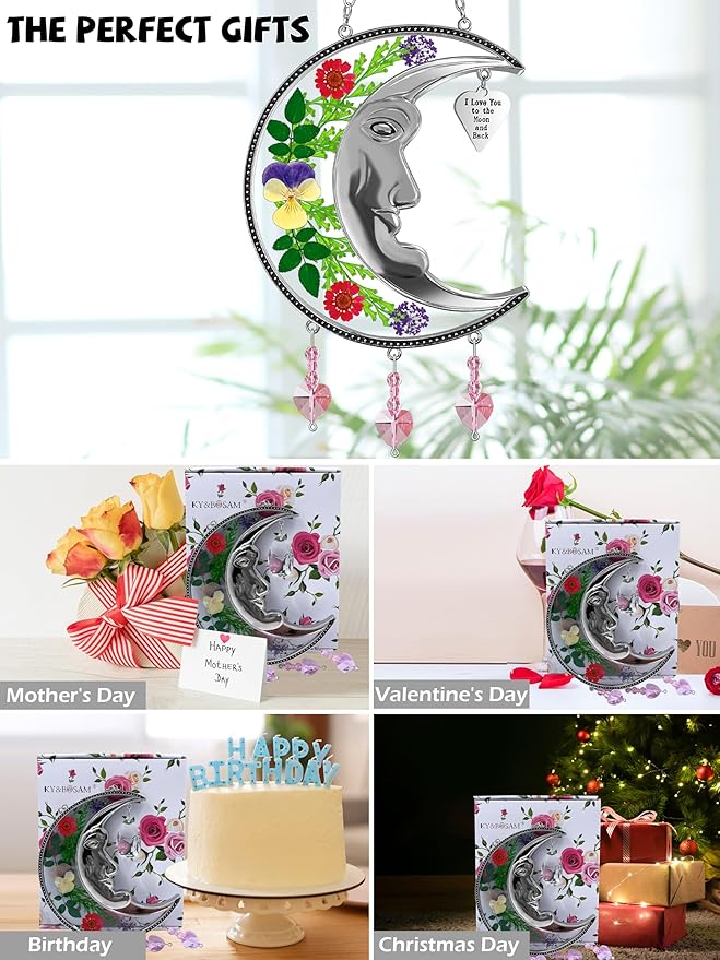 KY&BOSAM Sun Face Moon Suncatcher I Love You to The Moon and Back Stained Glass for Window Hangings Wind Chime Decor with Pressed Real Flower and Metal Charm Gift for Women Mother`s Day Christmas