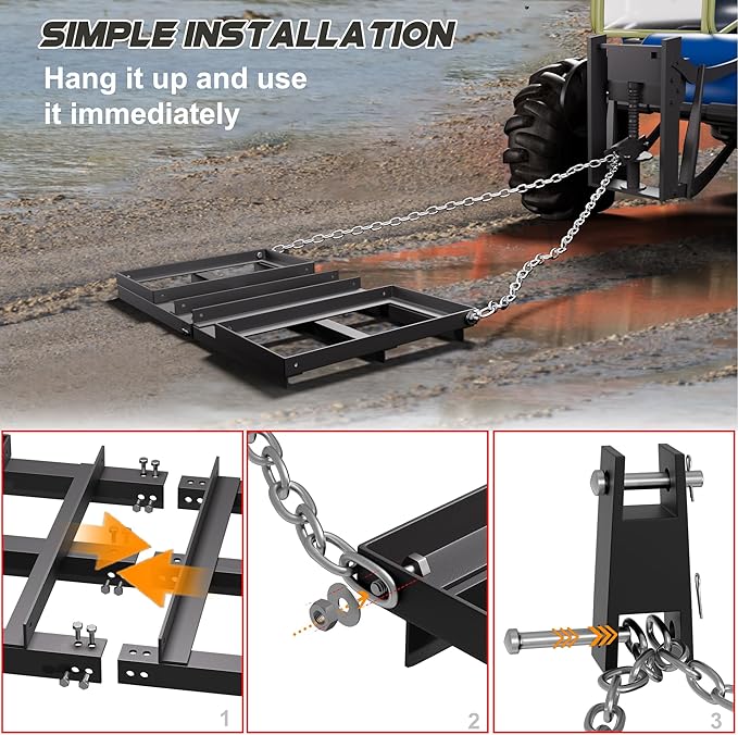 4FT Harrow Rake Driveway Grader,50 LB Heavy Duty Tow Behind Lawn Rake for Lawn Land Leveling Gravel Driveway Drag Harrow,Mower, Tractor, Black