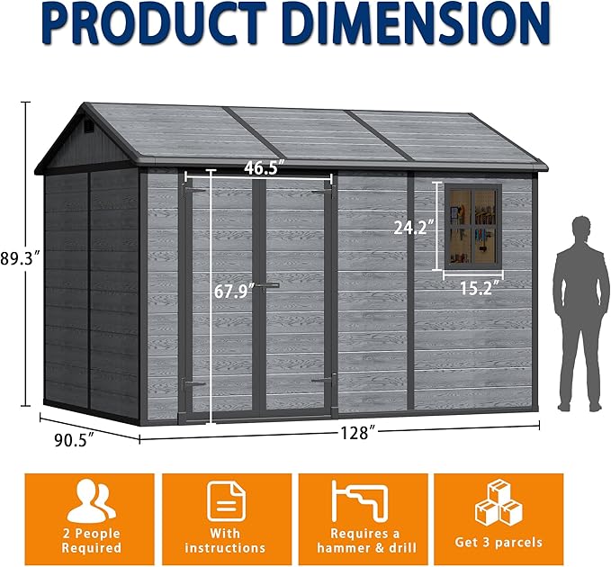 10x8 FT Resin Outdoor Storage Shed with Floor, Weather-Resistant Plastic Garden Shed with Windows, Lockable Door and Vents, Outside Tool Storage Sheds for Backyard, Garden, Patio, Lawn, Wood Grain