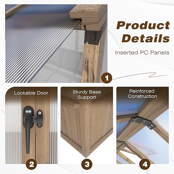 VEIKOU 6' x 8' Wooden Greenhouse for Outdoors with Cedar Frame, 6MM Thick Polycarbonate Panel, Green House with Adjustable Vent for Outside, Garden, Backyard, Light Mocha Brown