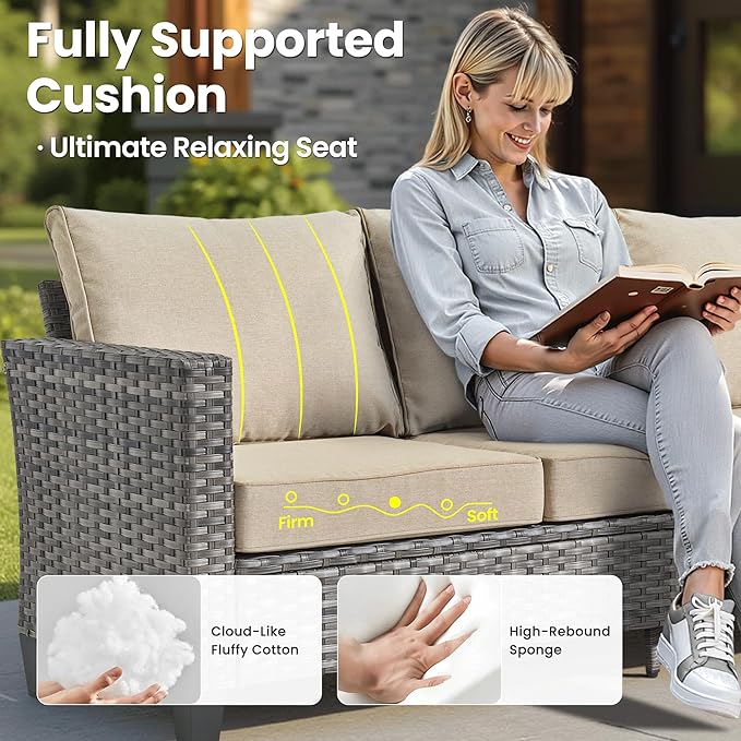 ovios Patio Furniture Set, 5 Pieces Outdoor Wicker Sofa Couch with Chairs, Ottomans and Comfy Cushions, All Weather High Back Rattan Conversation Set, Beige