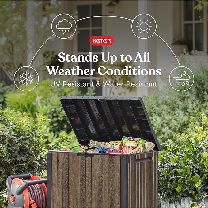 Keter Signature Everwood 30 Gallon Resin Outdoor Storage Box and Patio Furniture Side Table for Pool and Garden Accessories, Walnut